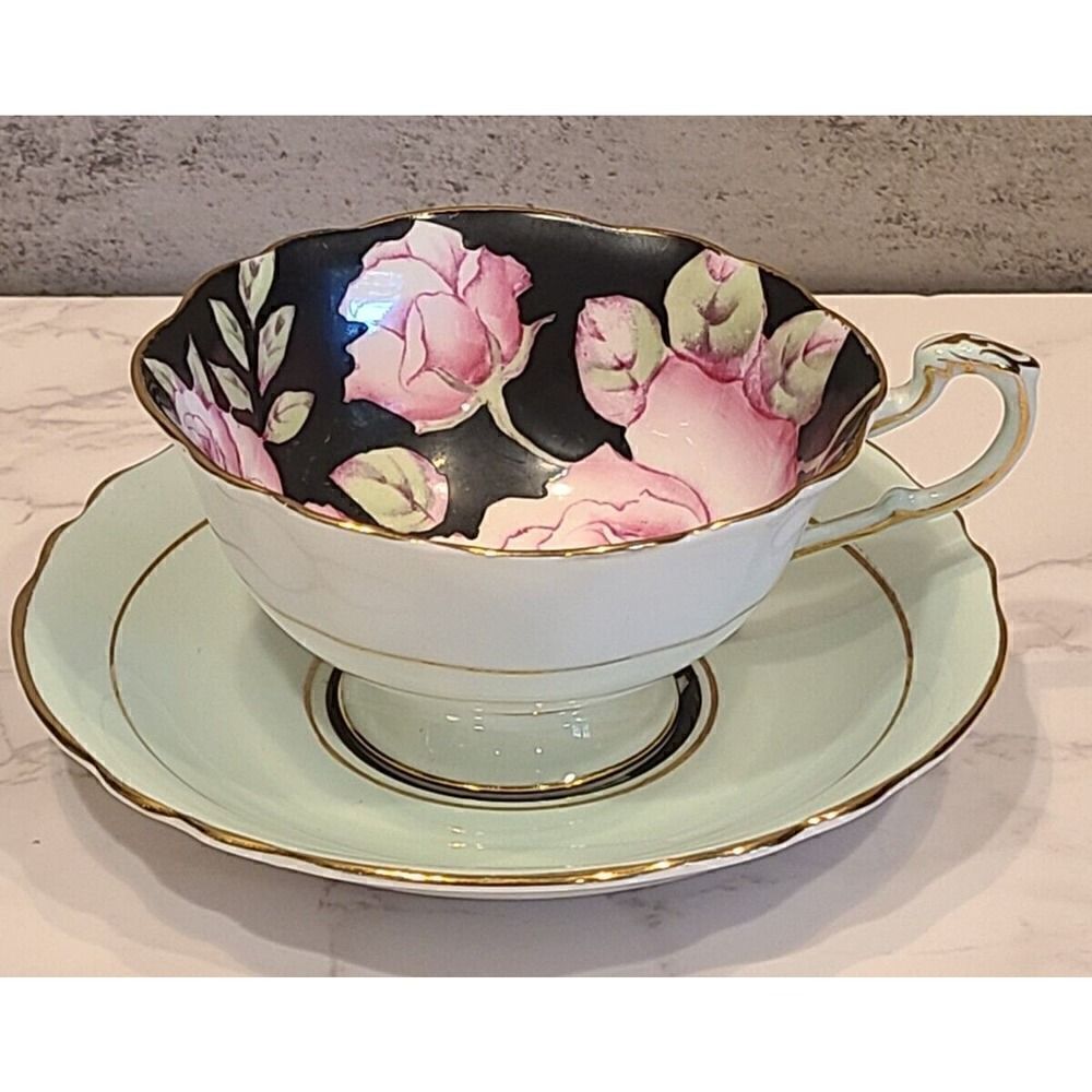 Paragon Double Warrant Cabbage Rose Tea Cup & Saucer Pink & Black Teacup GUC